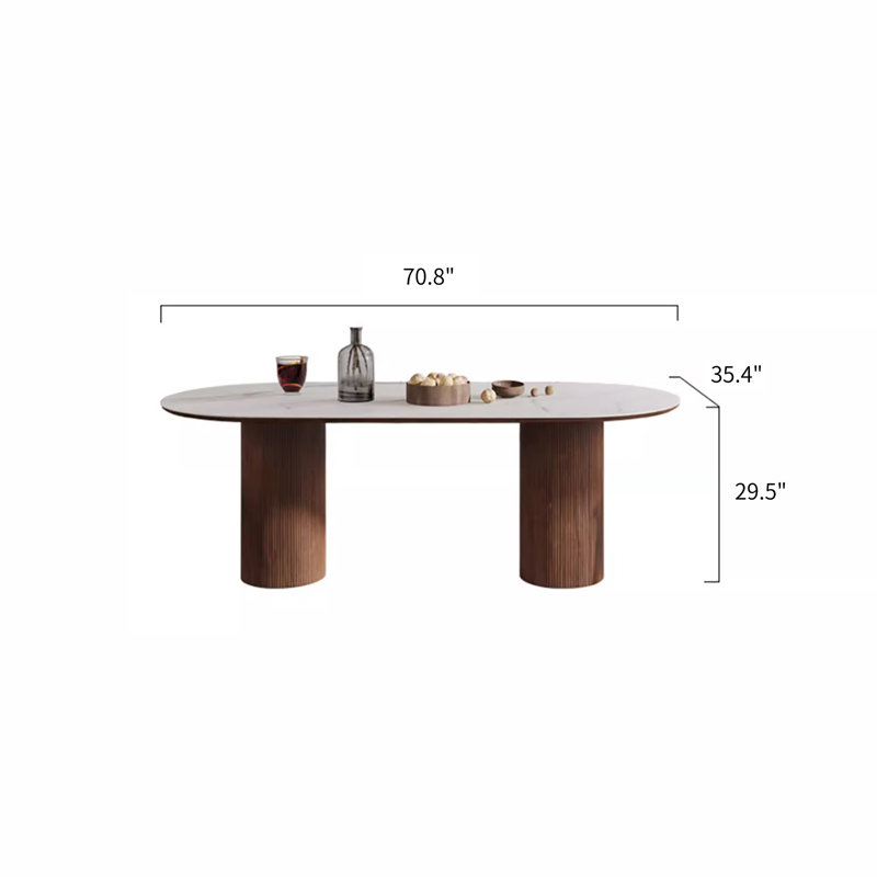 Maxsony 71" Mid Century Dining Table with Glossy Stone Tabletop, Rectangular  Kitchen Table with Solid Wood Double Pedestal for 6