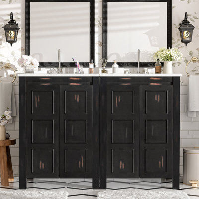 Ensemble de meuble-lavabo 48 po avec lavabos doubles (séparés), lavabos doubles en céramique, tablette de rangement et portes à fermeture en douceur 48 po