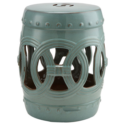 14" X 17" Ceramic Garden Stool With Double-Coin Knotted Ring Design & Strong Glazed Material, Decorative End Table, Home Collection, Antique Blue