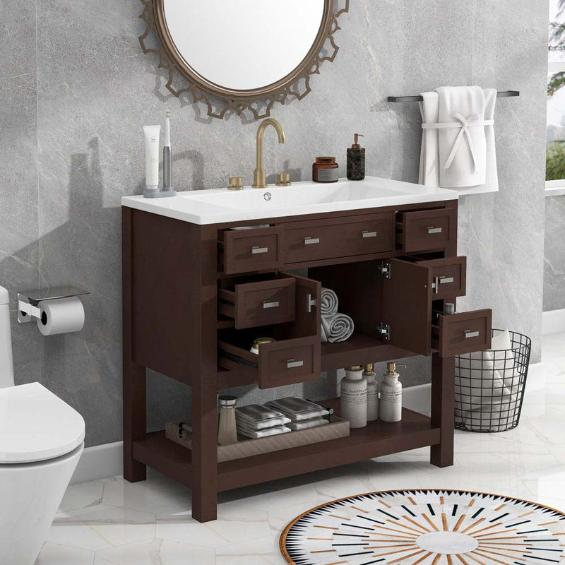 Meuble-lavabo simple 35,2 po avec lavabo, Brun
