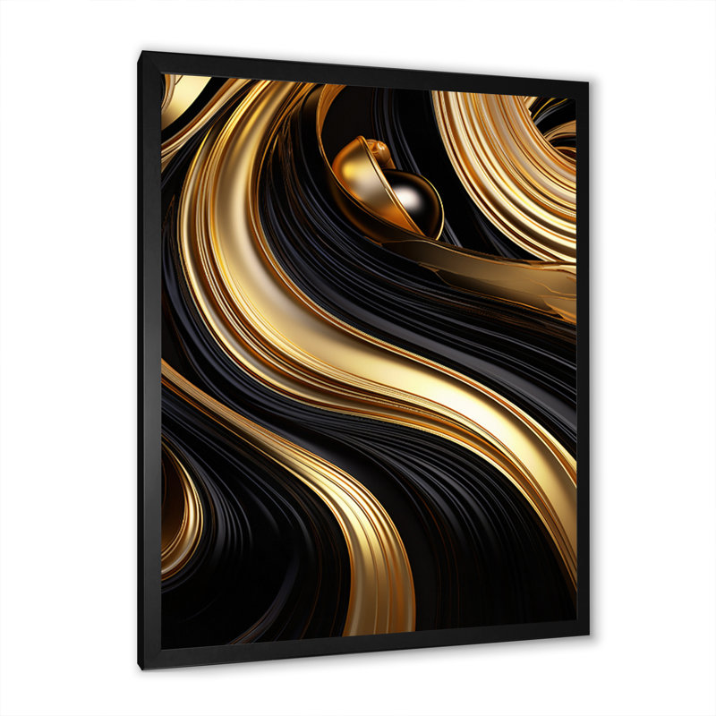 Abstrait or liquide et tourbillon noir I - spirales abstraites, art mural, Cadre simple noir, H 32 po x l 24 po x P 1 po