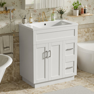 Bathroom Vanity with 2 Doors, 2 Drawers, Adjustable Shelf, Hidden Damping Slides for Drawers & Damping Hinges for Doors