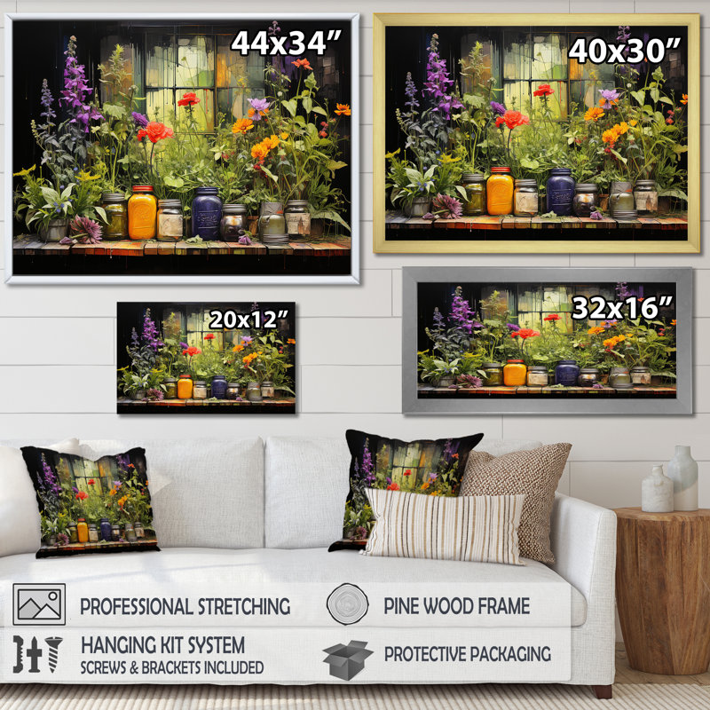 Blooming Urban Harvest avec poteries I, Cadre flottant noir, H 12 po x l 20 po x P 1 po