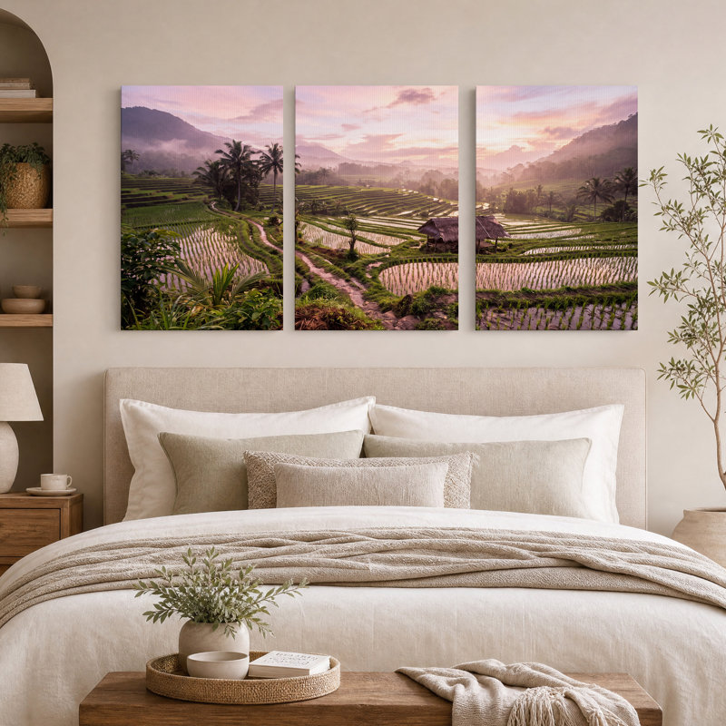 Ensemble de 3 toiles murales représentant des rizières brumeuses sous un ciel rose, 24"H x 16"W x 3pcs