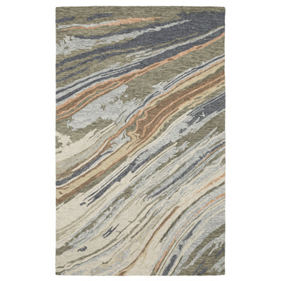 Renli Hand-made Wool Abstract Layers Grey/ Blue Area Rug