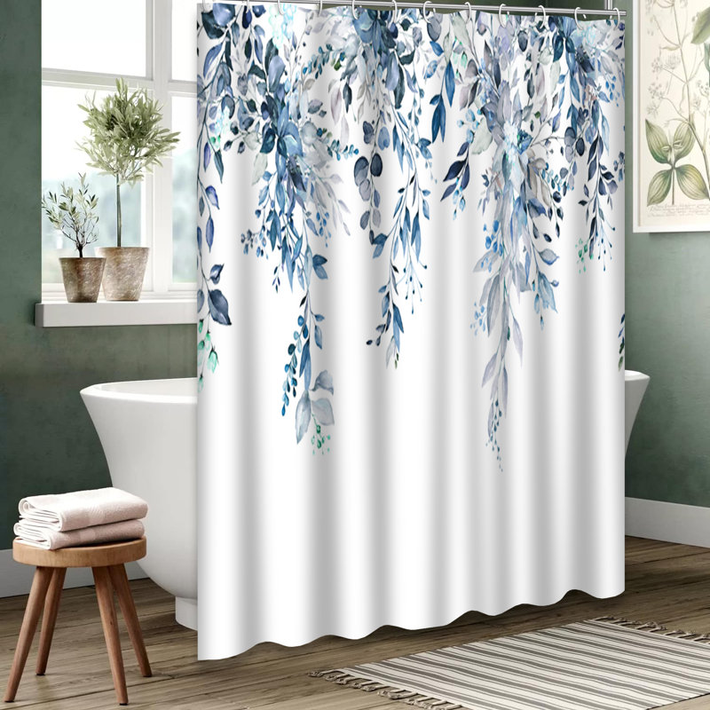 Rideau de douche avec 12 crochets, L 72 po x l 72 po, Blue Grey Watercolor Floral