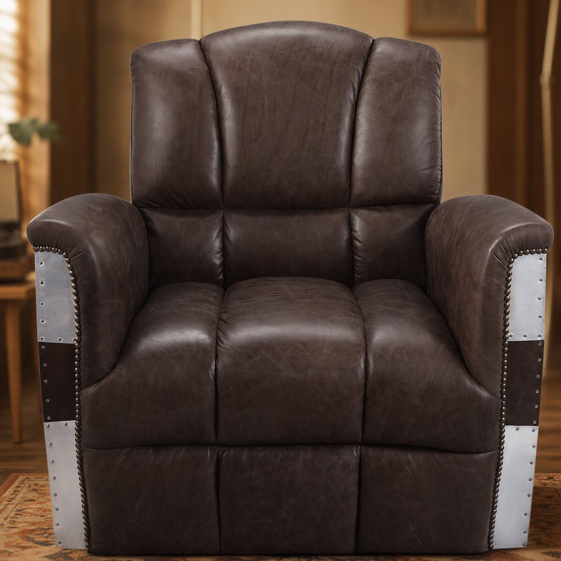 Chaise longue en cuir fleur rétro avec détails en aluminium et dossier capitonné pour un confort moderne.