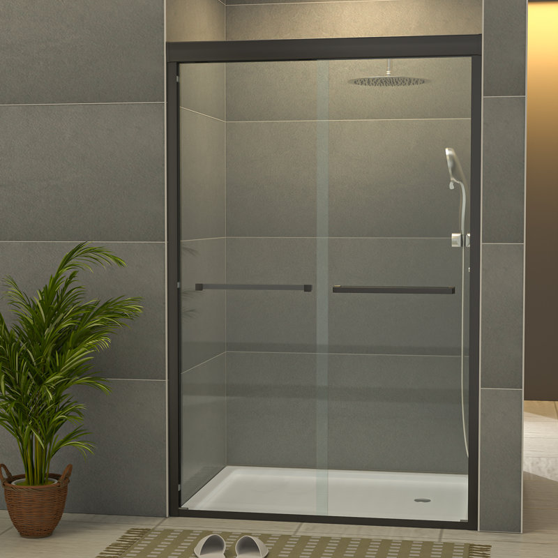 48'' - 48.3" W x 76" H Double Sliding Semi-Frameless Shower Door with Clear Tempered Glass, Black