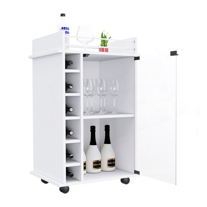 Bar Cart Baltimore, Six Wine Cubbies, Glass Door, Four Caster, Two Shelves, White