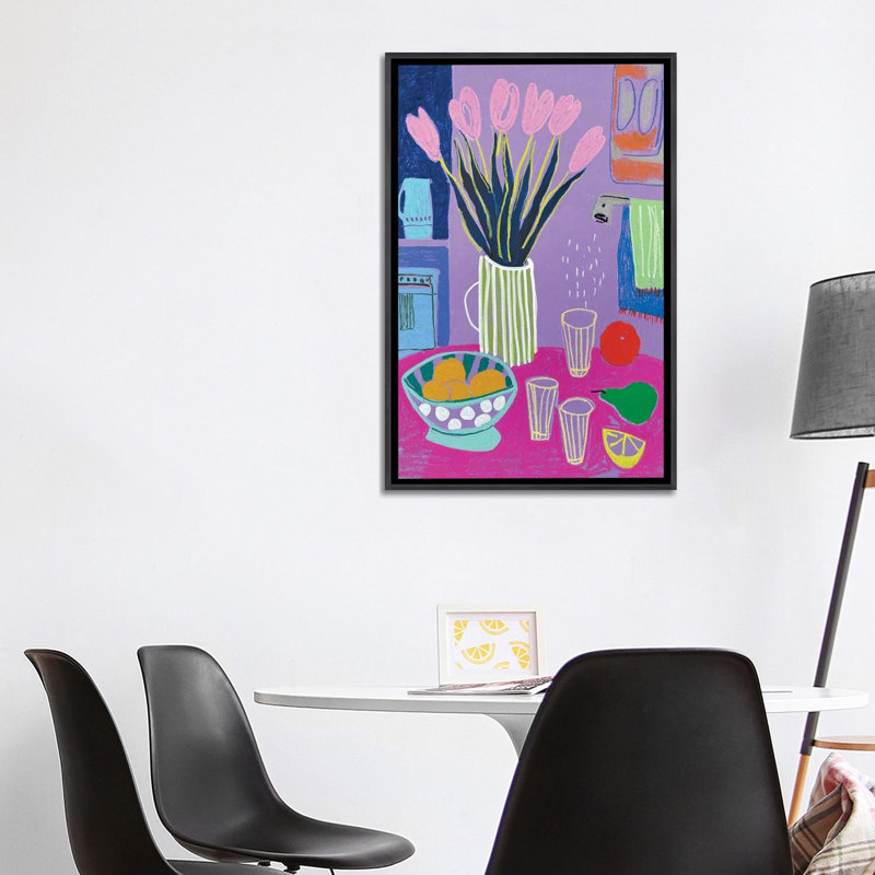 «Pink Tulips And Purple Morning», reproduction d'art sur toile encadrée, 40" x 26", Framed Canvas, Distressed Black