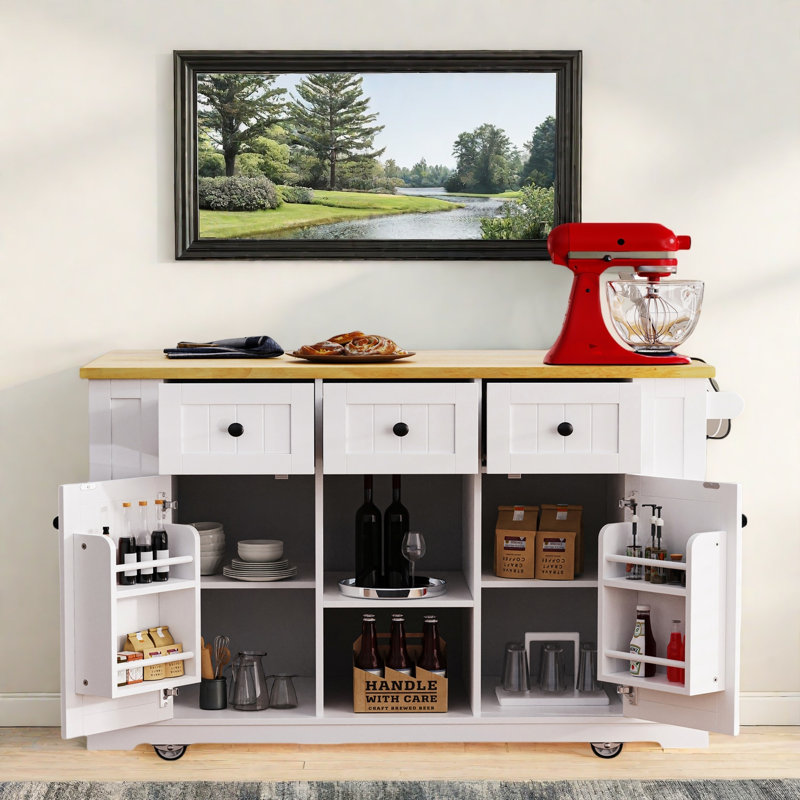 Chariot de cuisine avec plateau en bois manufacturé Braidon, Blanc