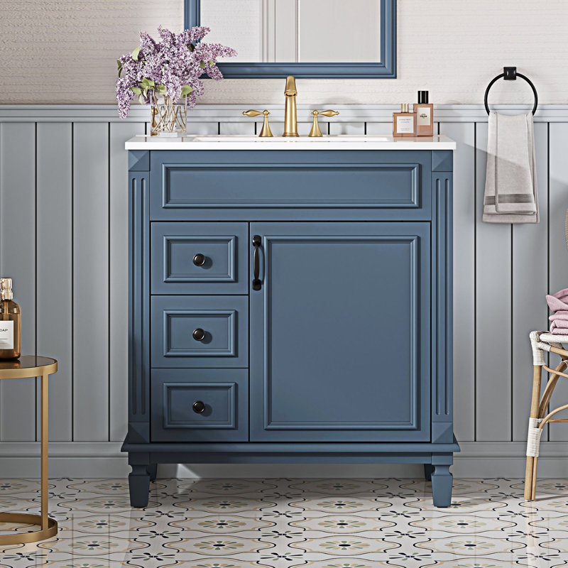 Meuble-lavabo de salle de bain avec lavabo en céramique, Bleu