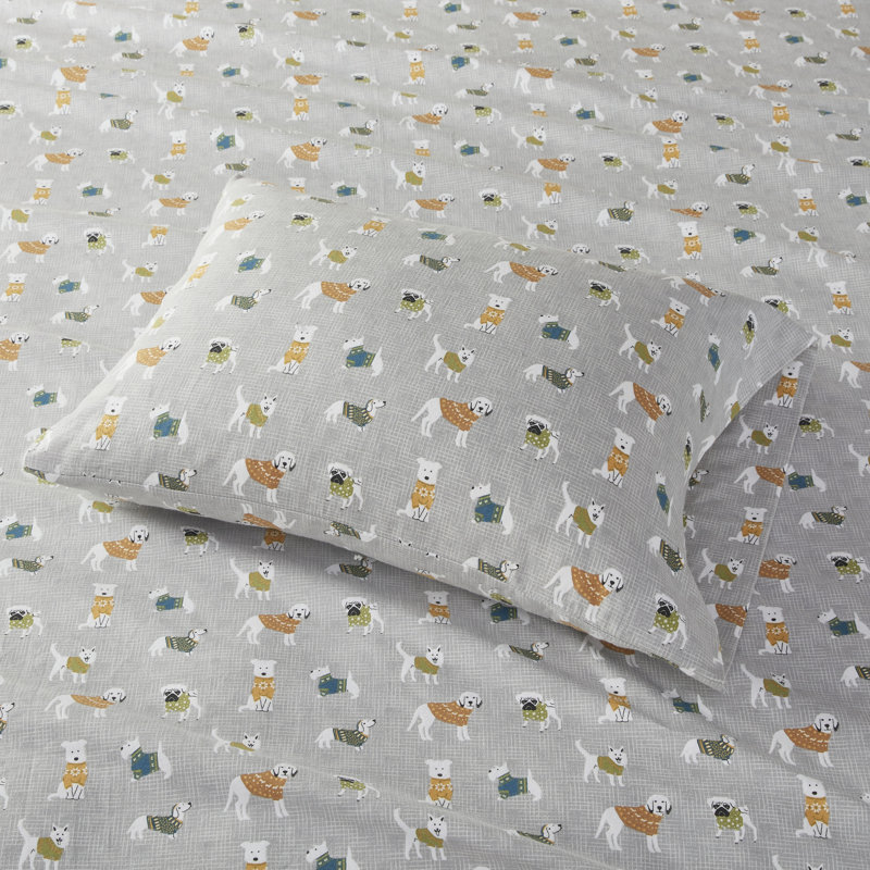 Ensemble de draps 100% coton Cozy, Ensemble de draps pour grand lit avec 2 taies d'or, Grey Dogs