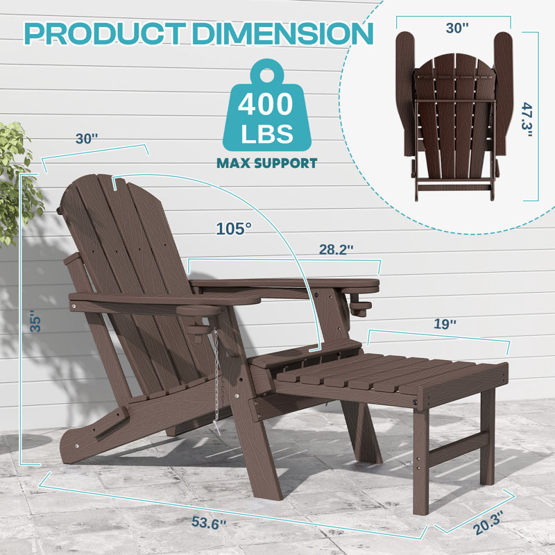 Cait Foldable Outdoor Adirondack Chair With Ottoman, Brownwood