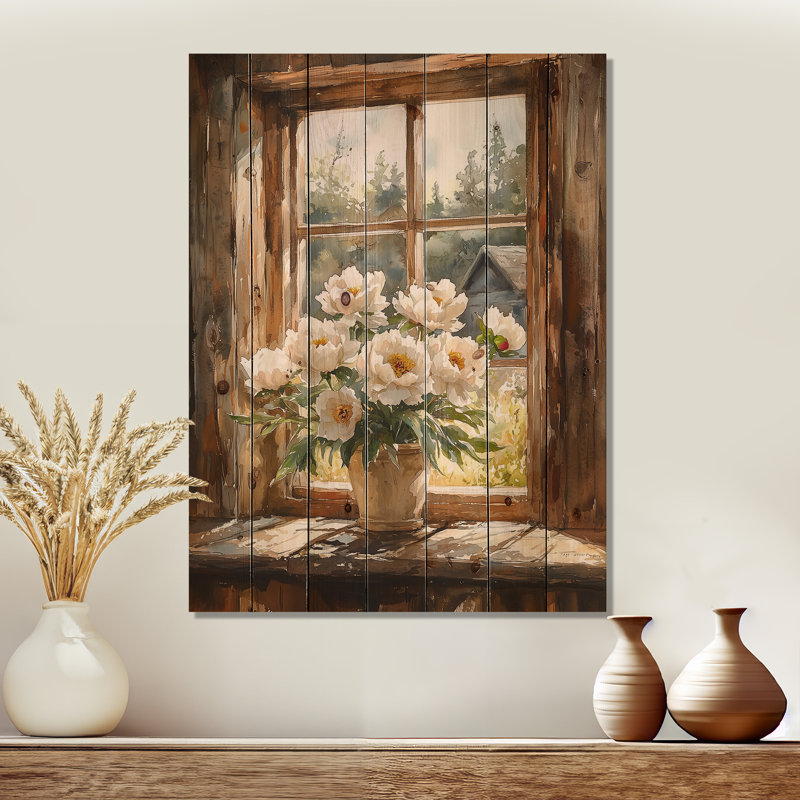 Pivoines à la grange III - impression de pivoines sur bois de pin naturel, H 20 po x l 10 po x P 0,78 po