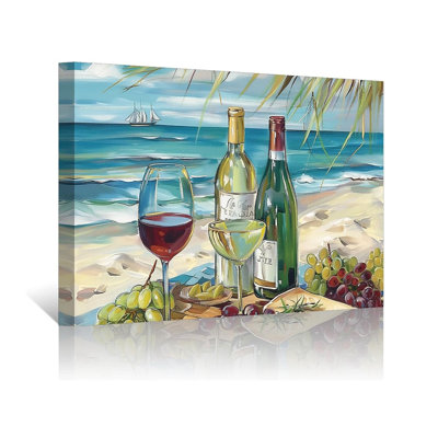 "Coastal", art mural, plage, photo, raisins et bouteille de vin, affiche, affiche, nourriture, peinture, rustique, bleu, océan, bord de mer, cuisine, salle de bain, décoration, œuvre d'art moderne (12 "x 18")