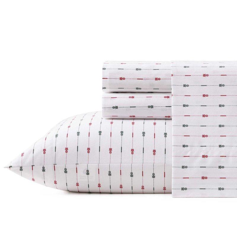 Tommy Bahama Printed Percale Cotton Sheet Set, King Sheet Set with 2 Pillowcases,  Red Gray Pineapple Pinstripe