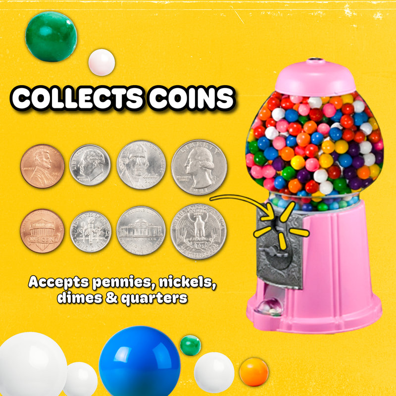 Mini machine à gommes 11 pouces - Distributeur de bonbons rétro avec globe en verre, base en métal et mécanisme à pièces à rotation libre (rose)