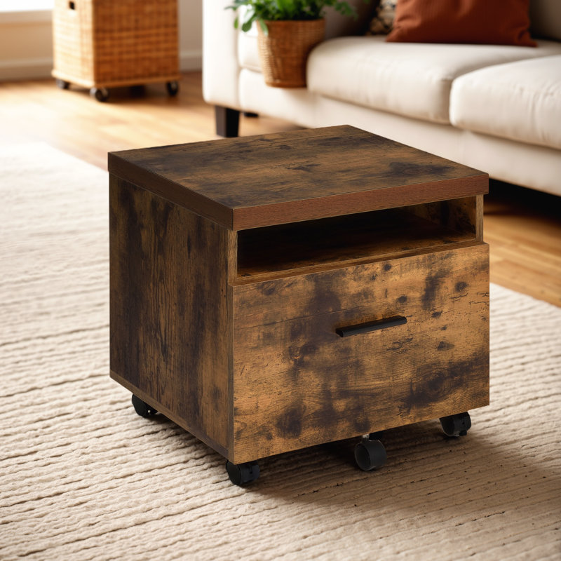 Table de chevet rustique en chêne patiné avec roulettes
