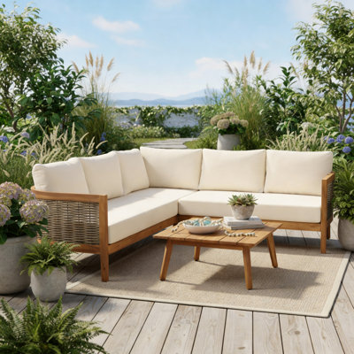 Four-Piece Casual Sofa Set, Teak Brown + Beige Cushions, Acacia Wood, Metal And Rattan Structure, Waterproof Fabric, Suitable For Outdoor Use.