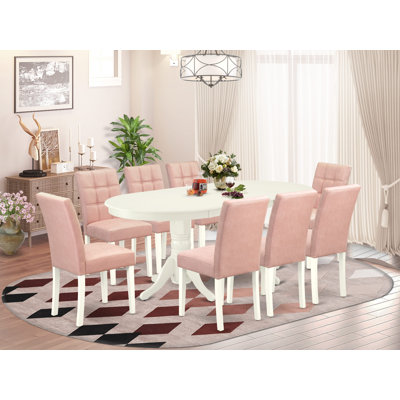 9 Piece Kitchen Table Set Mid-Century Includes a Dining Table and 8 Beige Red Faux Leather Upholstered Dining Chairs with Stylish Back- Linen White