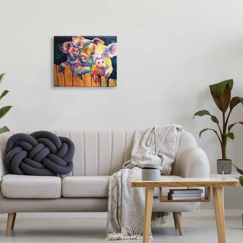 Three Pigs Peeking Fence Vibrant Modern Design par MB Cunningham - Peinture, Toile tendue, H 16 po x l 20 po x P 1,5 po