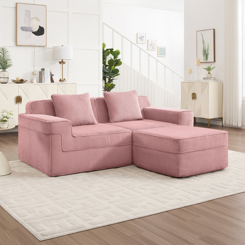 Canapé modulaire modulaire en L à 2 places sans os, canapé modulaire Cloud avec assise profonde, canapé modulaire moderne à 2 places avec coussins décoratifs et 1 repose-pieds mobile, tissu velours côtelé rose