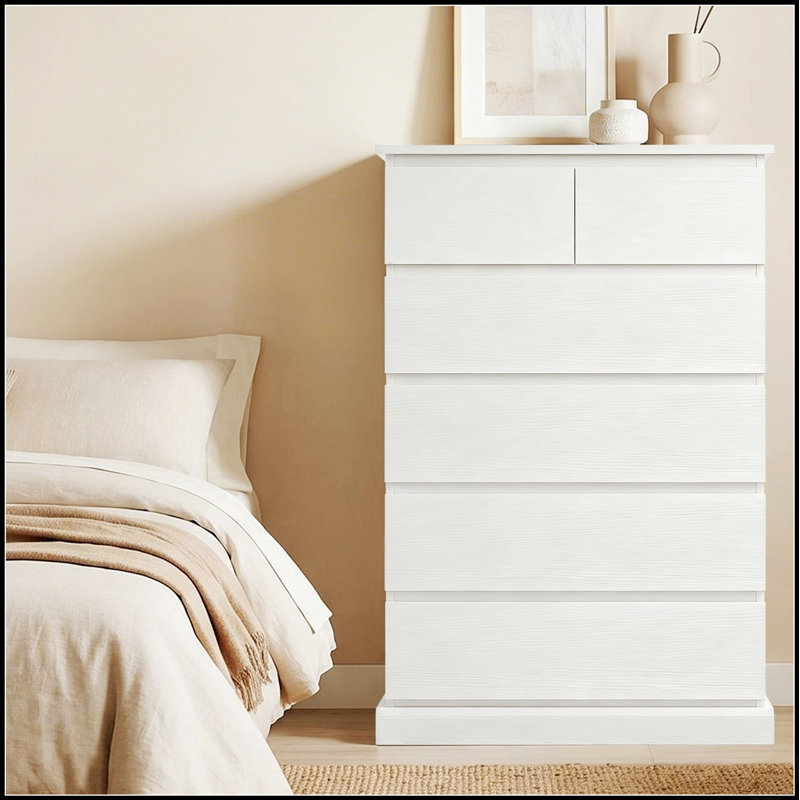 Grande commode à 6 tiroirs avec poignées dissimulées, rangement moderne en bois pour les chambres et les salons, maximise l'espace et l'organisation