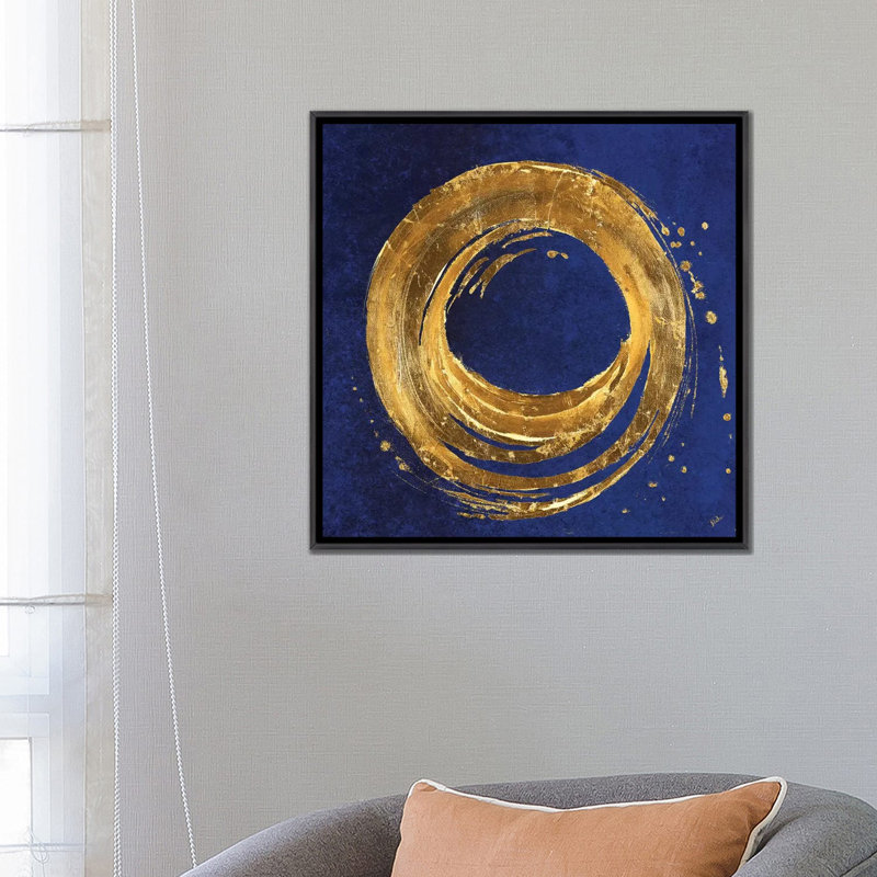 «Gold Circle on Blue» par Patricia Pinto - reproduction d'art, Toile avec cadre noir patiné, Pas de tapis