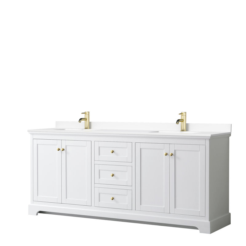 Ensemble de meuble-lavabo double 80 po Avery, Marbre de culture blanc, Blanc, Or brossé