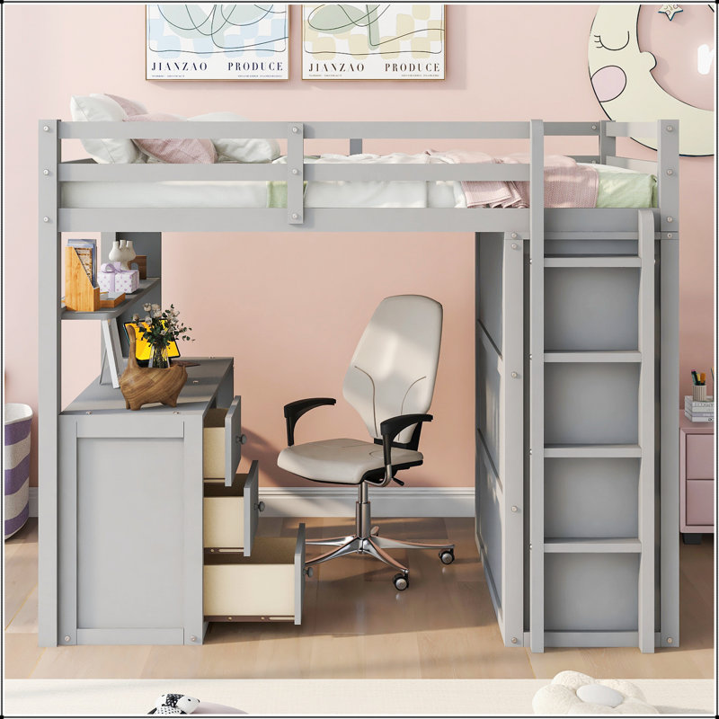 Lit mezzanine double avec tiroirs, bureau et garde-robe pour un espace peu encombrant et multifonctionnel, Gris