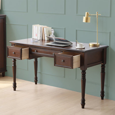 Bureau rectangulaire à 3 tiroirs en bois massif brun noisette
