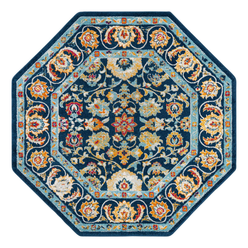 Tapis bleu / jaune / orange à motif floral Arenas, Octogone 7 pi x 7 pi