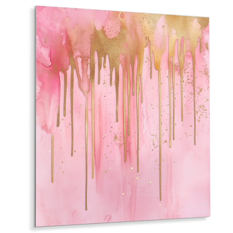 «Abstract Gold Drips And Glitter» - Art mural abstrait en métal, impression moderne sur métal, 30" W x 40" H
