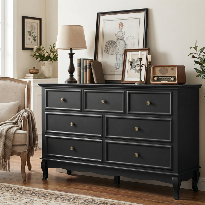 7 Drawer Dresser With Solid Wood Legs, Black