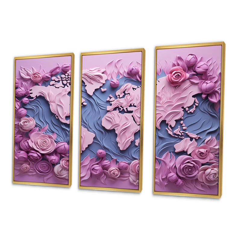 «Pink Whimsical Waters World Map I», ensemble d'art mural sur toile carte du monde, Cadre flottant doré