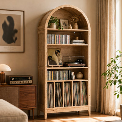 5-tier Arched Record Player Stand with Power Outlet, Turntable Stand, Vinyl Record Storage Cabinet for Living Room, Bedroom, Home Office, Natural Grain