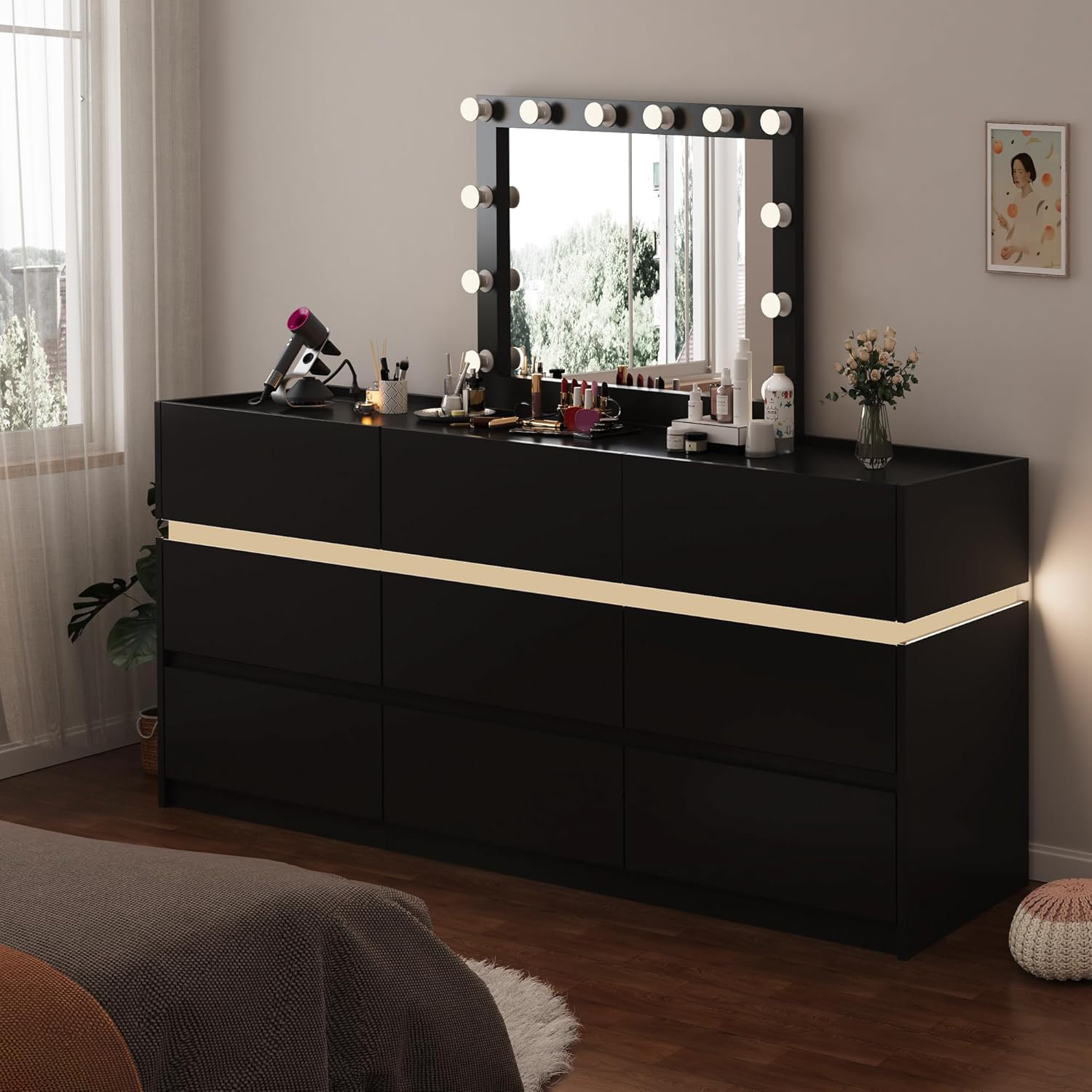 Wrought Studio 9 Drawers Dresser with LED Lights and Charging Station ...