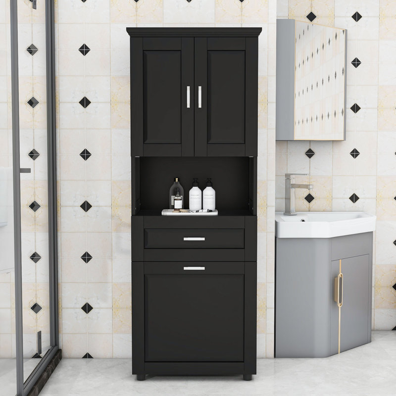Fougeres Modern Wood Freestanding Bathroom Cabinet with Integrated Laundry Basket and Ample Compartments, Black