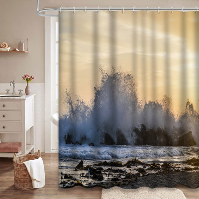 Venice Beach California Waves Rocks Gold Shower Curtain with 12 Hooks