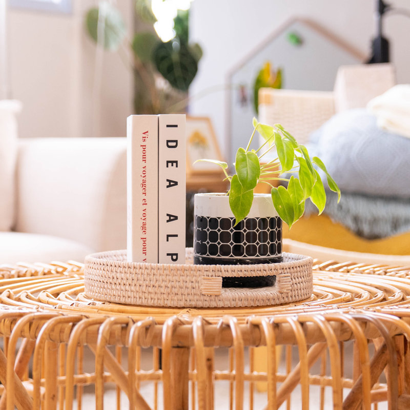 Plateau rond en rotin pour comptoir, table basse, blanc délavé 11,8 po YANGQIHome