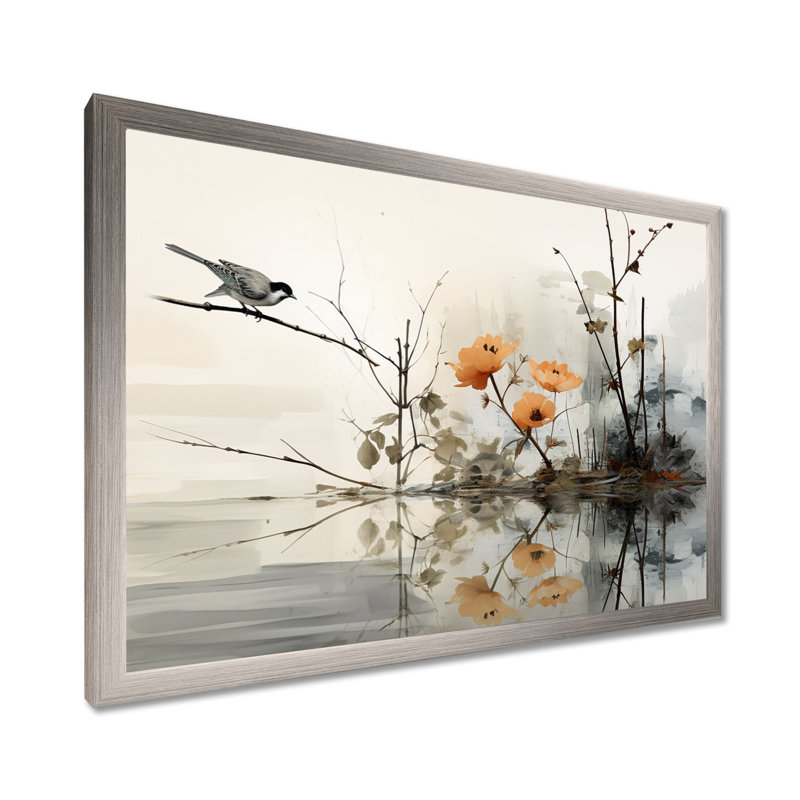 «Asian Art Sumi Bird Serenity XVIII», reproduction d'art sur toile, H 24 po x l 32 po x P 1 po, Cadre simple argenté
