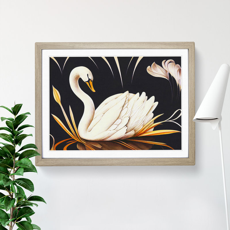 Swan Art Nouveau - Single Picture Frame Print, 46cm H x 64cm W x 2cm D, Oak Framed