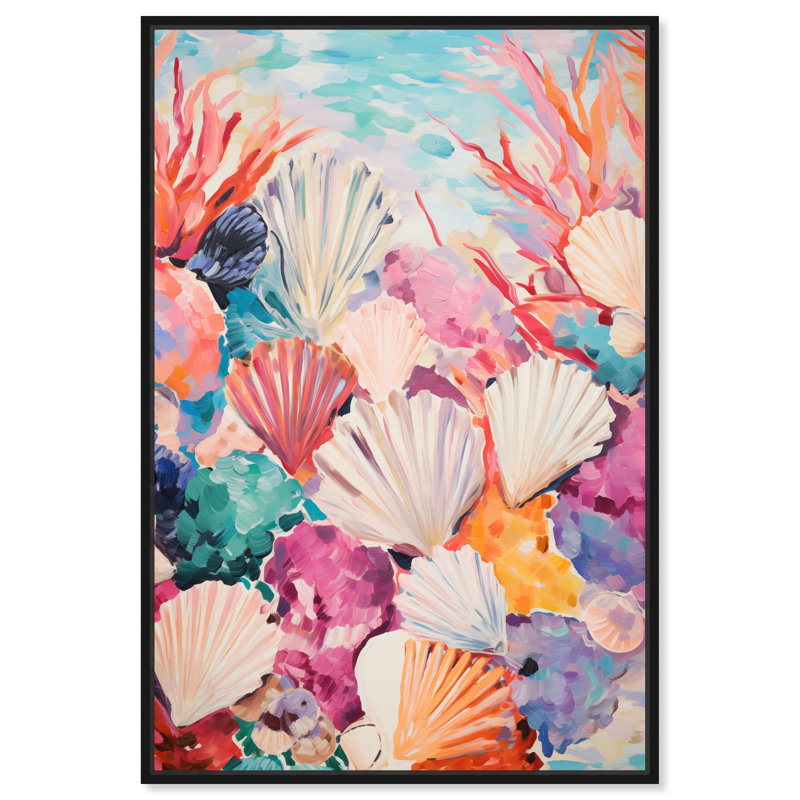 «Oceanic Shells I», toile de couleur moderne abstraite par Art Remedy, H 16 po x l 11 po x P 1,2 po, Cadre noir
