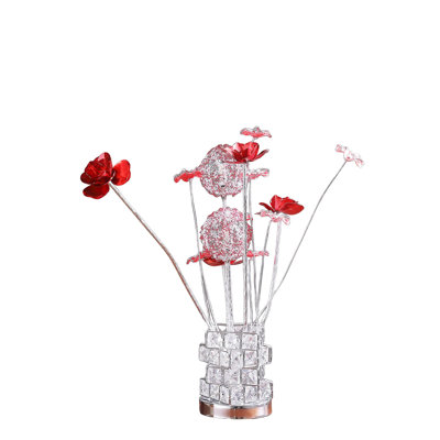Aluminum 4 Red Roses 6 Petal Floral 2 Red/Silver Flower Bud On A 4 Squared Modern Hexagona Chrome Vase Table Lamp For Living Room, Nightstand Bedside Table Lamp For Bedroom, LED Lamp