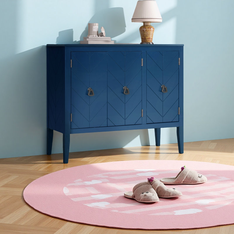 Buffet de rangement réglable avec 3 poignées rétro en métal et 4 pieds en pin, Bleu