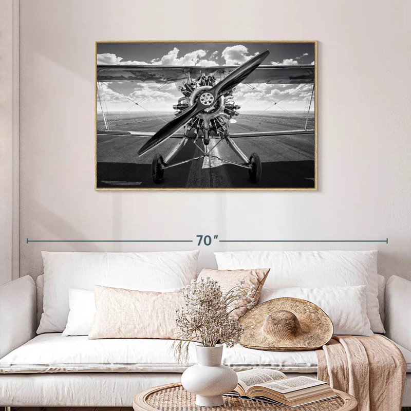Avion rétro monochrome, Cadre flottant en bois naturel, 43 po x 29 po