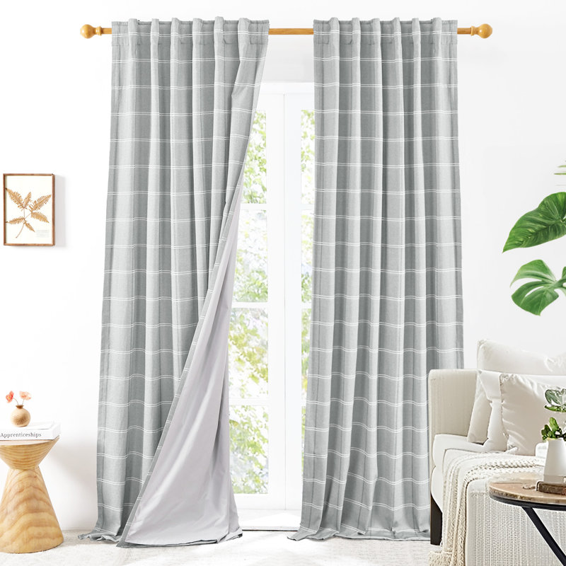 Total Blackout Plaid Pattern Double-Layer Thermal Insulated Window Curtains (Set of 2), 52" W x 96" L, Beige