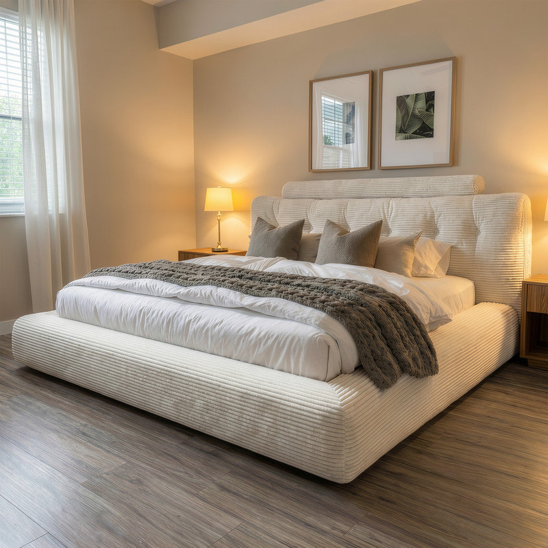 Cloud Corduroy Bed Frame, Soft Upholstered Platform Bed with Thick Padded Headboard & Bolster Pillow, Cloud-Like Cozy Comfort & Easy Assembly