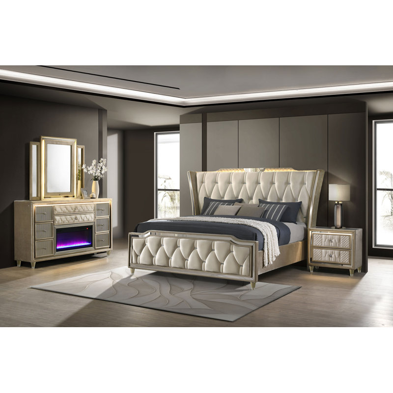 Ensemble de chambre avec grand lit 4 pièces Aikens, 4 Pcs: Bed, Nightstand, Dresser, Mirror, Grand